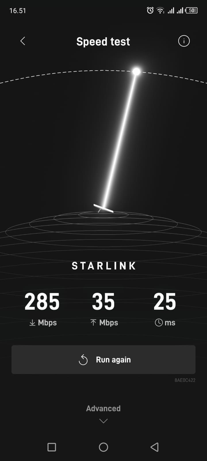 Hasil tes kecepatan WiFi Starlink: unduh 285 Mbps, unggah 35 Mbps, latensi 25 ms